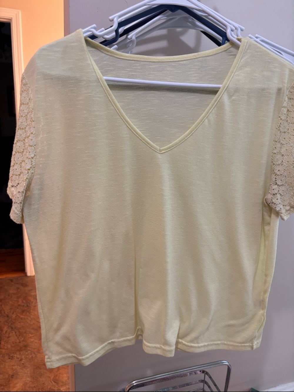 SHEIN Pale Yellow V-Neck Top with Lace Short Sleeves
